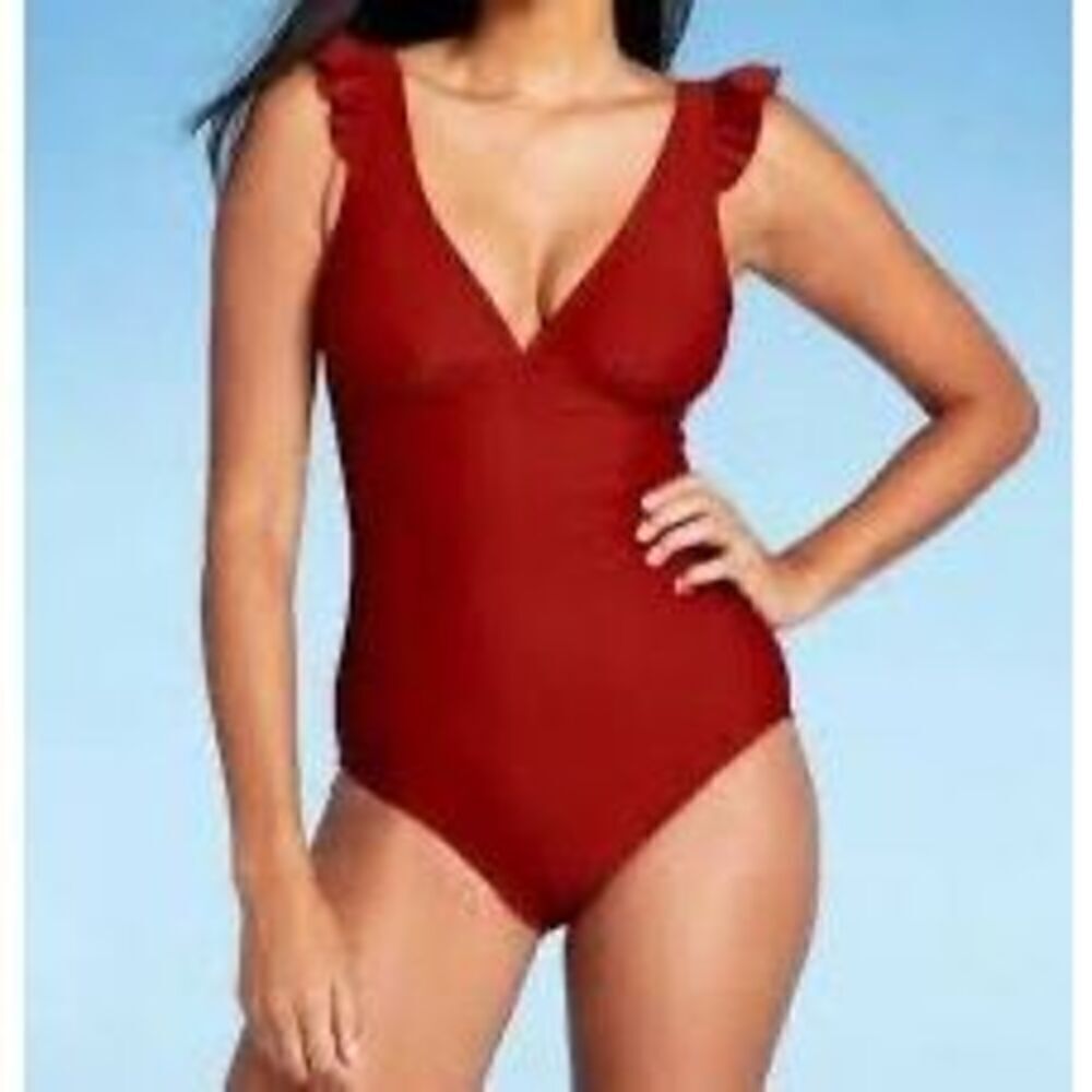 Kona Sol Size M Ruffle Shoulder One Piece Swimsuit Maroon Red Plunge Neck Classy